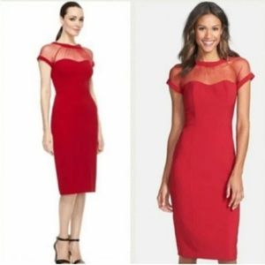 Illusion Yoke Crepe Cocktail Dress - Red